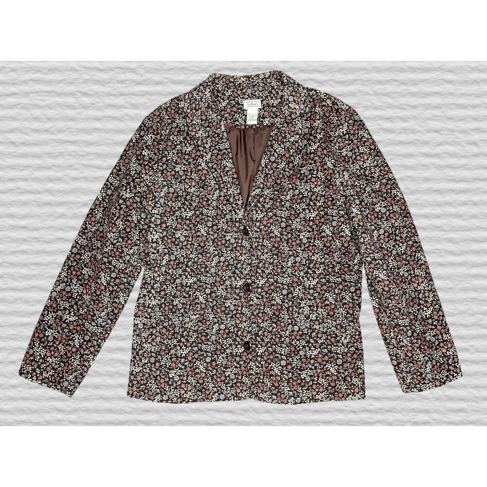 Vtg LL Bean Floral Corduroy Chore Coat Women 16 Brown Classic Blazer Jacket Boho